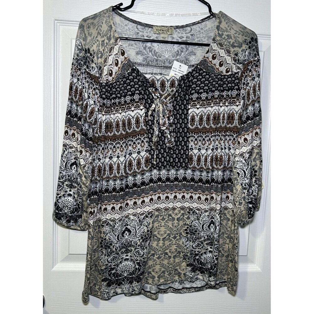 One World Women’s 3/4 Sleeve Bohemian Inspired Print Blouse Size Medium NWT